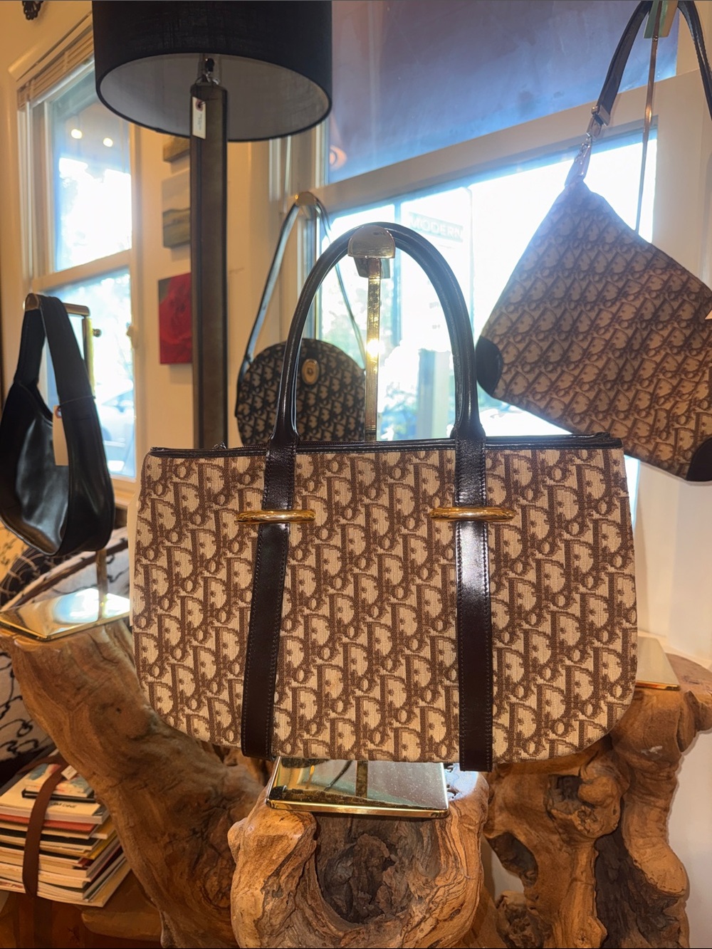 Dior Beige Brown Monogram Canvas Tote with Dark Brown Leather Trim